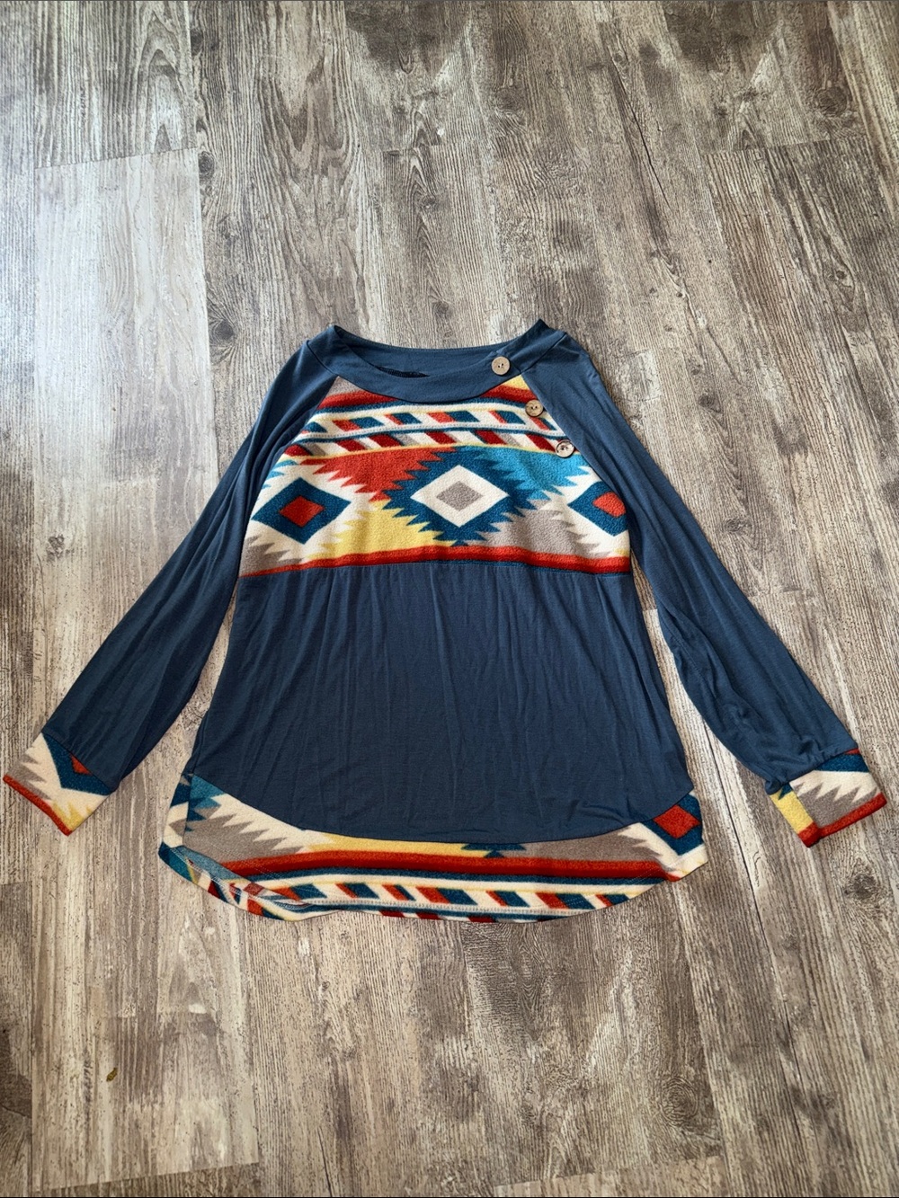 Women’s Navy Aztec-Trim Long Sleeve Top